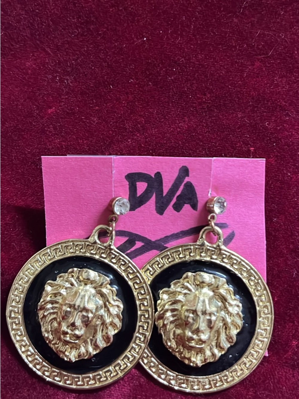 Gold-Tone Black Lion Medallion Drop Earrings